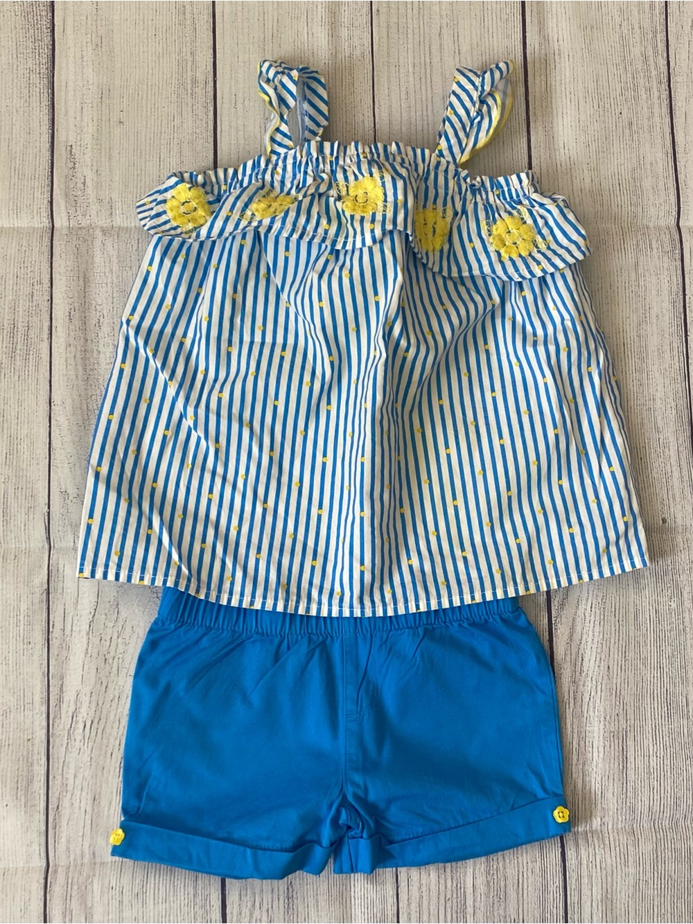healthtex Blue Striped Tank Top & Royal Blue Shorts with Yellow Floral Trim